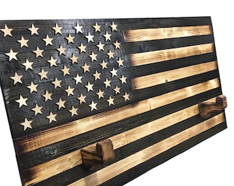 Rustic Wooden American Flag - Patriotic Wall Art with Rifle Rack - Handmade USA Decor