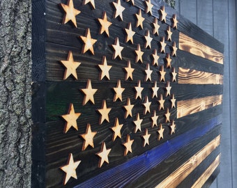 Blue Line Police Wood Flag – Law Enforcement Gift, Rustic Decor (36”x19")