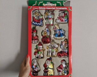 Christmas Vintage Ornaments, Set of 12, Snowman Ornament, Christmas Ornament, Plastic Ornament, Tree, Vintage Christmas, Santa Ornaments