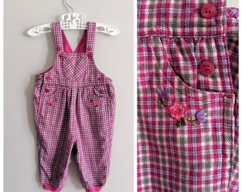 Plaid Overalls, 6-9 months, Pink Overalls, Baby Overalls, Fall Overalls, Baby Girl Overalls, Embroidered Overalls, Bubble Overalls