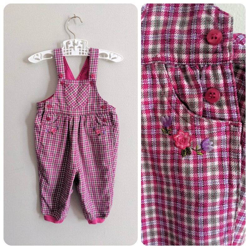 Plaid Overalls, 6-9 months, Pink Overalls, Baby Overalls, Fall Overalls, Baby Girl Overalls, Embroidered Overalls, Bubble Overalls image 1