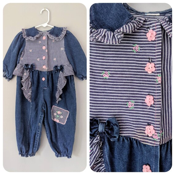 Baby Girl Romper, Vintage Romper, Jean Romper, 90s Romper, Floral One Piece, Jean Onesie, Embroidered Romper, Baby Romper, Vintage