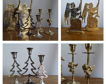 Vintage Candlesticks, Christmas Candlesticks, Candlestick Set, Brass Candlesticks, Vintage Brass, Vintage Candlesticks, Tree, Angel