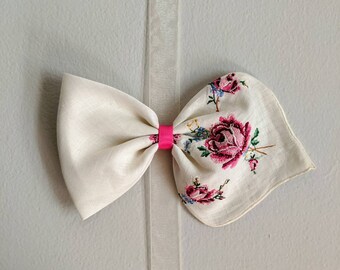 Vintage Hair Bow, Hankie Hair Bow, Hanky Hair Bow, Hair Clip, Vintage Barrette, Large Hair Bow, Girls Bow, Girl Bow, Girls Hair Accessory