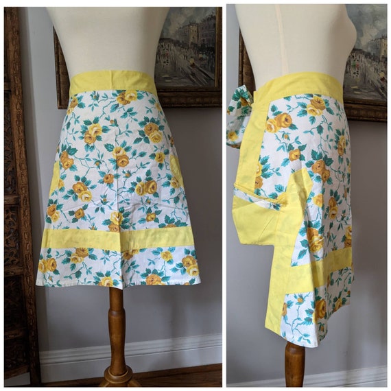 Vintage Apron, Half Apron, Floral Apron, Kitchen Apron, Vintage Kitchen, Cooking Apron, Floral Apron, Apron with Pocket, Yellow Apron