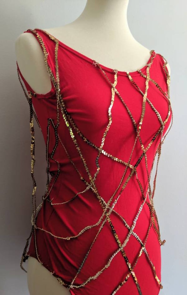 Vintage Sequin Leotard Vintage Costume Red Leotard Gold | Etsy