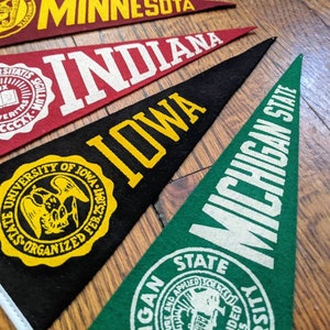 May include: A collection of vintage pennant flags, featuring the names of various states and universities. The pennants are in various colors, including red, black, and green, with white and yellow lettering. The flags are made of felt and have a classic, retro design.