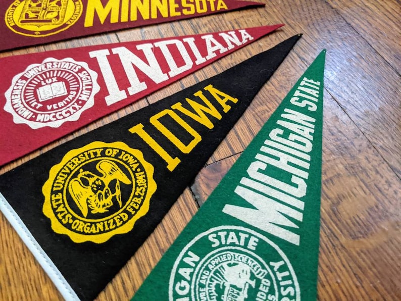 May include: A collection of vintage pennant flags, featuring the names of various states and universities. The pennants are in various colors, including red, black, and green, with white and yellow lettering. The flags are made of felt and have a classic, retro design.