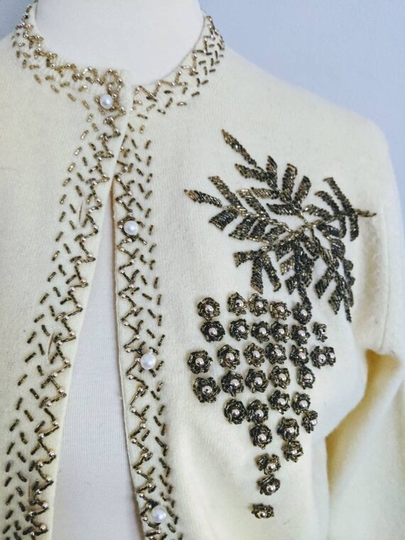 Vintage Cardigan, S, Beaded Cardigan, Ivory Cardi… - image 5