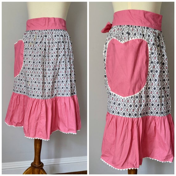 Vintage Apron, Half Apron, Heart Apron, Kitchen Apron, Vintage Kitchen, Cooking Apron, Floral Apron, Apron with Pocket, Red Apron