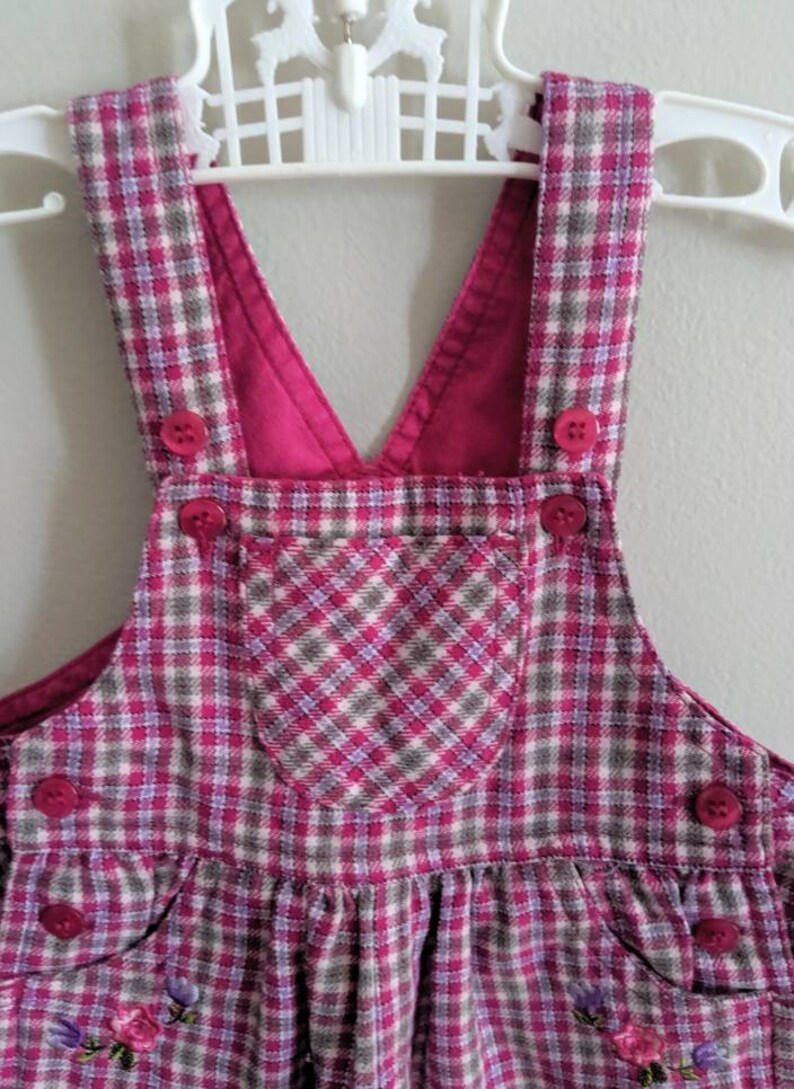 Plaid Overalls, 6-9 months, Pink Overalls, Baby Overalls, Fall Overalls, Baby Girl Overalls, Embroidered Overalls, Bubble Overalls image 2