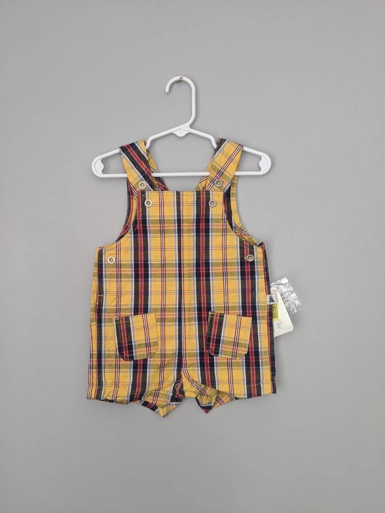 Vintage Overalls 9m Yellow Overalls Baby Overall Plaid