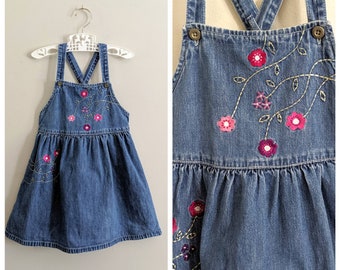 Vintage Jean Dress, 4, Vintage Gymboree, Vintage Denim Jumper, Denim Jumper, Embroidered Dress, Floral Dress, Jumper, X back, Fall Dress