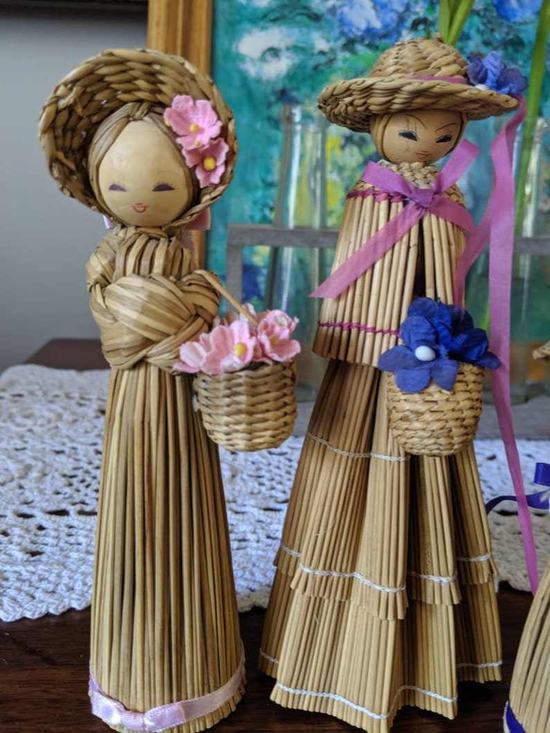 Vintage Dolls Vintage Korean Dolls Bookshelf Accessory Corn Husk Dolls Asian Dolls Home Decor Handmade Dolls Wood Dolls Korean