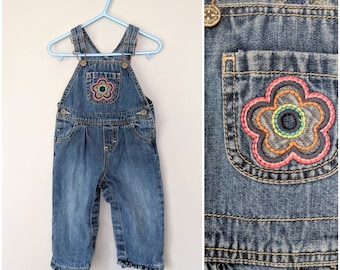 Vintage Overalls, 12m, Oshkosh, Flower Overalls, Flower Power, Overalls, Vintage Girls Overalls, Baby Overalls, Denim Overalls, Embroidered