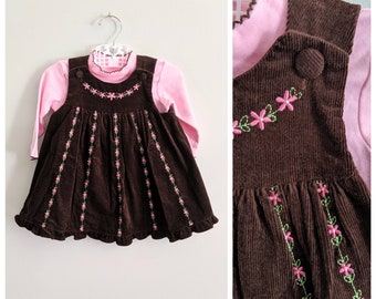 Corduroy Jumper, 12m, Vintage Jumper, Fall Baby Dress, Fall Baby Clothes, Embroidered Dress, Brown and Pink, Floral, Vintage Baby Dress