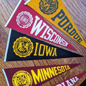 May include: A collection of felt pennants in various colors, each displaying a university name and emblem. The pennants include "Purdue," "Wisconsin," "Iowa," "Minnesota," and "Indiana," with white and yellow lettering and logos.