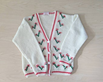 Vintage Girls Sweater, Christmas Sweater, White Cardigan, Vintage Girl Clothes, Holiday Sweater, Holly Berries, Vintage Cardigan, Christmas