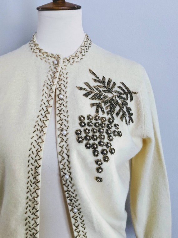 Vintage Cardigan, S, Beaded Cardigan, Ivory Cardi… - image 7