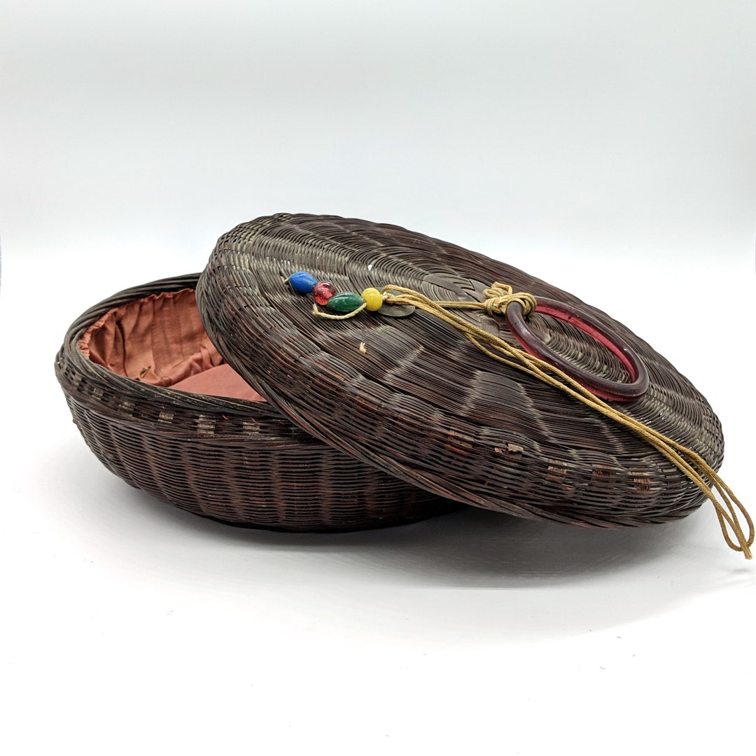 Vintage Sewing Basket Tray Handmade Woven Basket Boho Decor Wall Decor