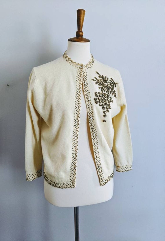 Vintage Cardigan, S, Beaded Cardigan, Ivory Cardi… - image 2