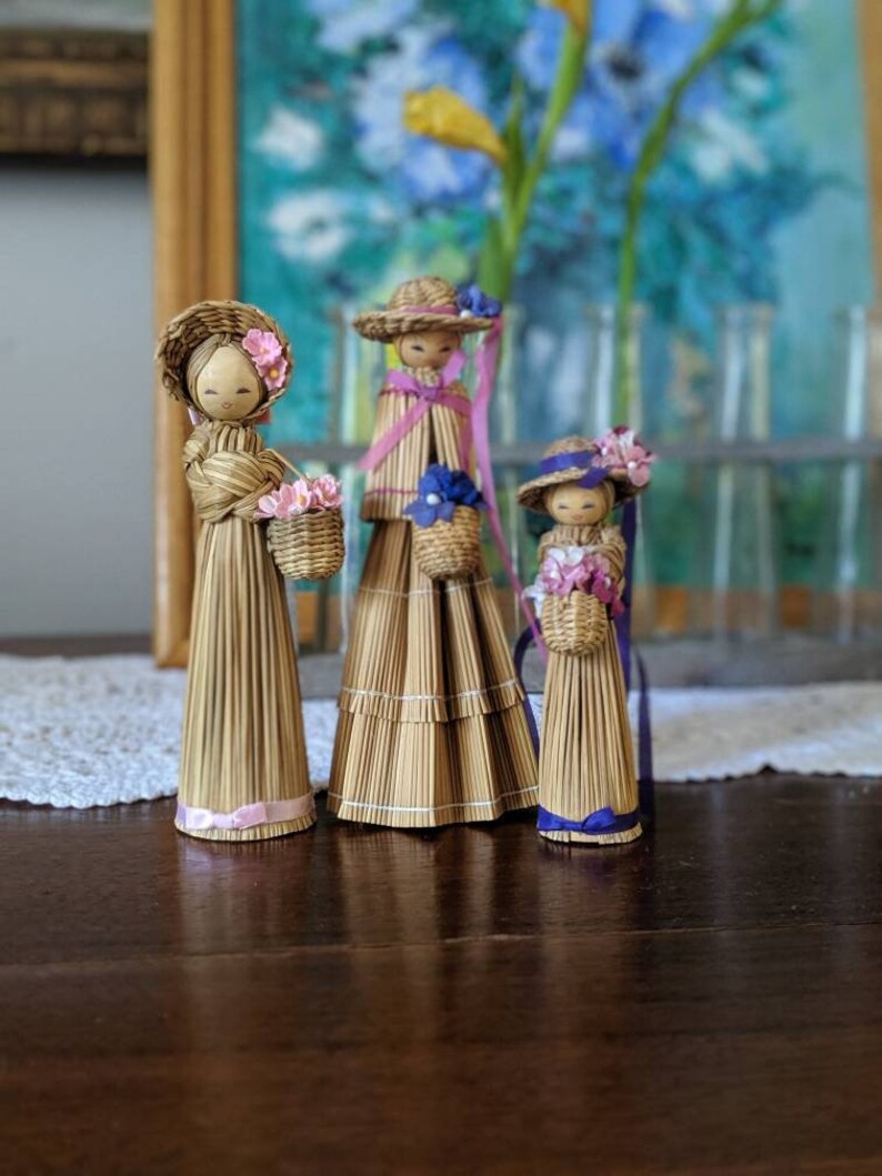 Vintage Dolls Vintage Korean Dolls Bookshelf Accessory Corn Husk Dolls Asian Dolls Home Decor Handmade Dolls Wood Dolls Korean