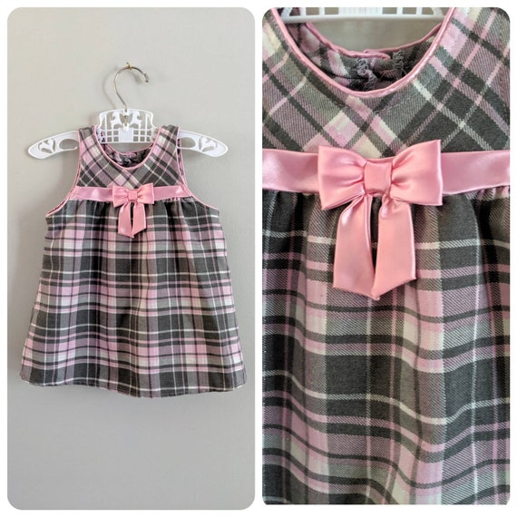 Vintage Dress 12 M Gray and Pink Baby Dress Pink Dress Holiday Dress Plaid Dress Church Dress Easter Dress Grey Dress Satin Bow Etsy