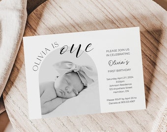 First Birthday Invite With Photo | Modern Minimalist Invite | Digital File | Editable DIY Templett Template | Single Sided | 5x7 | Custom