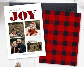 Family Christmas Card With Photo, Double Sided, Peace & Joy, Buffalo Plaid Card, Modern Minimalistic Card, Digital Download, 5x7, Vertical