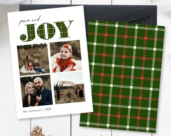 Family Christmas Card With Photo, Double Sided Card, Peace & Joy, Green Tartan Plaid, Modern, Minimalistic, Digital Download, 5x7, Vertical