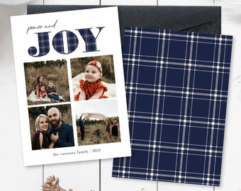 Family Christmas Card With Photo, Double Sided Card, Peace & Joy, Tartan Plaid Card, Modern, Minimalistic, Digital Download, 5x7, Vertical