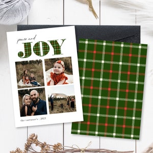 Carte de Noël de famille avec photo, carte recto-verso, paix et joie, plaid tartan vert, moderne, minimaliste, téléchargement numérique, 5 x 7, vertical