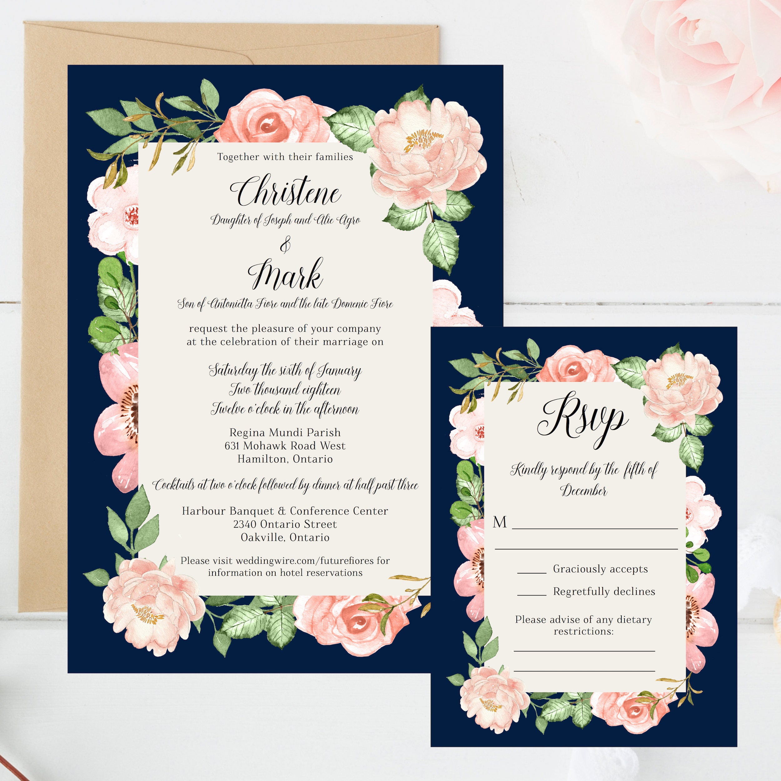 Wedding Invitation Set Floral Flowers Romantic Navy | Etsy Canada