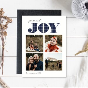 Carte de Noël de famille avec photo, paix et joie, carte de Noël à carreaux tartan, carte moderne, minimaliste, téléchargement numérique, 5 x 7, vertical