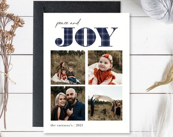 Family Christmas Card With Photo, Peace & Joy, Tartan Plaid Christmas Card, Modern, Minimalistic Card, Digital Download, 5x7, Vertical