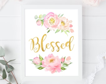 Blessed Print, Nursey Decor, Floral Print, Peony, Baby Girl, New Baby, Print, Wall Art, Floral, Flower, Blush, Gold, Gold Leaf, Decor, Gift