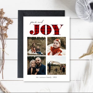 Carte de Noël de famille avec photo, paix et joie, carte de Noël à carreaux Buffalo, carte moderne, minimaliste, téléchargement numérique, 5 x 7, vertical
