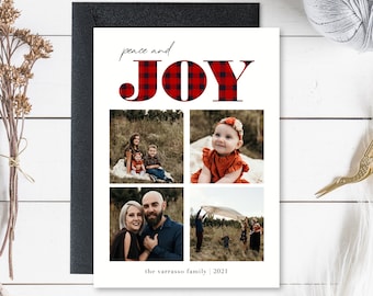 Family Christmas Card With Photo, Peace & Joy, Buffalo Plaid Christmas Card, Modern, Minimalistic Card, Digital Download, 5x7, Vertical