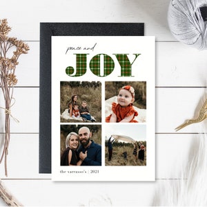 Familie Weihnachtskarte mit Foto, Frieden & Freude, Tartan karierte Weihnachtskarte, moderne, minimalistische Karte, digitaler Download, 5 x 7, vertikal