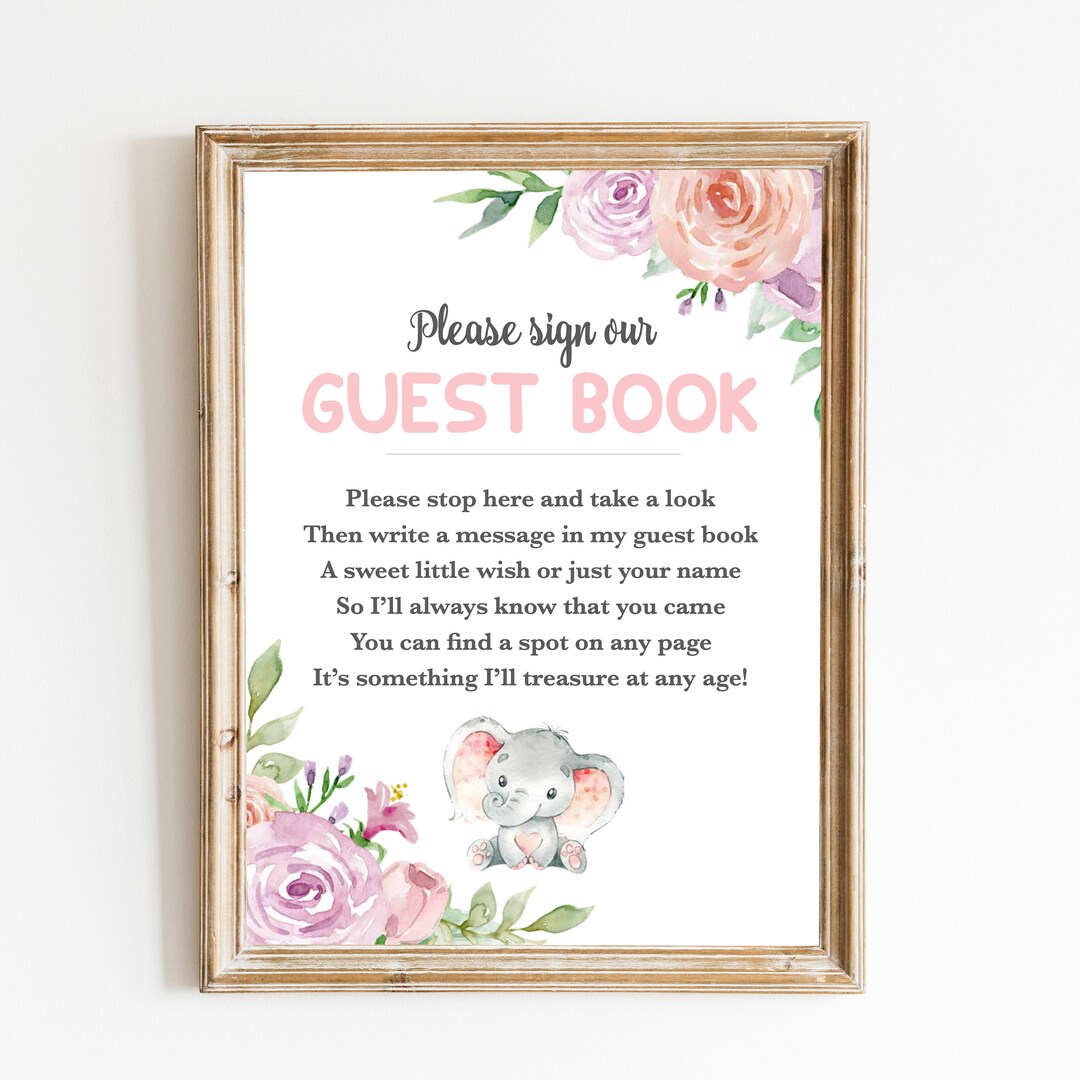 Printable Guest Book Sign Baby Shower Floral Elephant - Etsy
