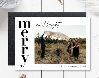 Family Christmas Card With Photo, Holiday Card, Custom Photo Christmas Card, Merry and Bright, Modern, Minimalistic, Digital Download, 5x7