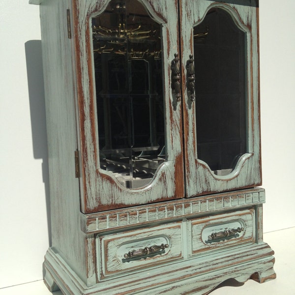 Large Turquoise Wooden Jewelry Box/Armoire/Organizer Shabby Chic