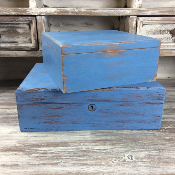 Storage Box, Two Blue Storage Boxes, Distressed Wood, Nautical Beach Cottage Boxes, Man Cave, Cigar Box For Sale, Knick Knack Holder
