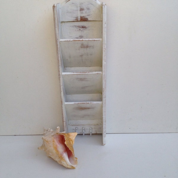 Shabby Chic White Mail Organizer Wooden Hanging Mail Holder With Key Hangers