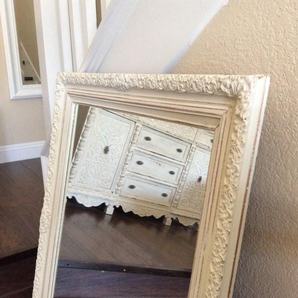 BEAUTIFUL WHITE MIRROR, Large Ornate Mirror, Antiqued Wall Mirror, With Lots Of Detail, Shabby Chic