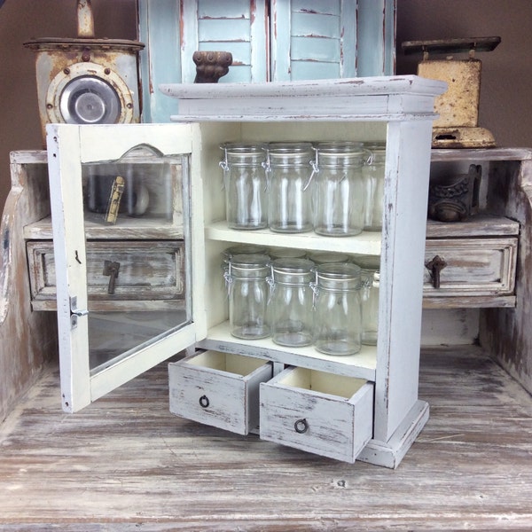 WOOD SPICE RACK Grey Spice Rack Tea Jars Craft Storage With 7 Mason Jars Glass Doors Kitchen Storage Beach Cottage Rustic Storage Cabinet