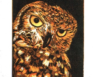Linocut Print of an Owl | Wall art | Limited edition print | Reduction print