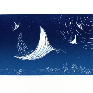 Aquatic Blue Eagle Ray Linocut