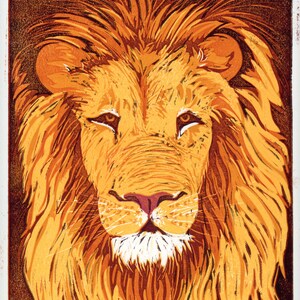 Reduction linocut print of lion| Animal Wall art| Boho wall art| Eclectic Wall Art |Animal Lover Gift