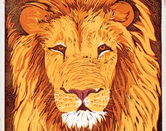 Reduction linocut print of lion| Animal Wall art| Boho wall art| Eclectic Wall Art |Animal Lover Gift